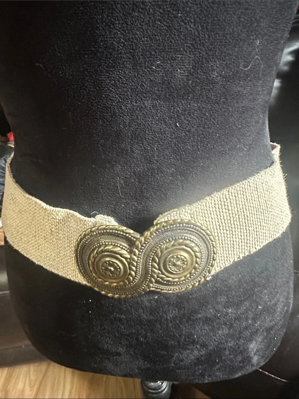 Beige Elastic Waist Belt with Antique Gold Medallion Buckle